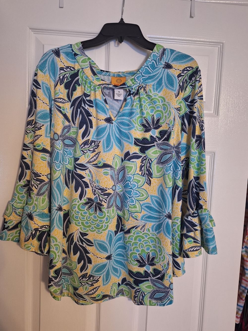 Ruby Rd. Floral V-Neck Tunic in Blue, Green & Yellow with Navy Accents
